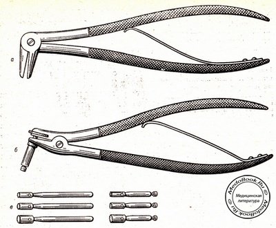 Набор инструментов для удаления отломов из корневого канала: щипцы с узкими губками,цанговые щипцы, боры-трепаны
