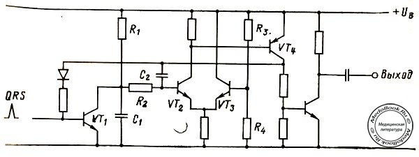 Схема генератора импульсов и цепи запирания кардиостимулятора (ЭКС) с отдельными цепями